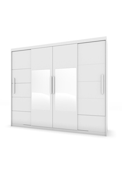 Yılwood Dört Kapaklı Aynalı Beyaz Sürgülü Gardırop 280x23O CM