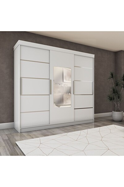 Yılwood Parlak Beyaz Üç Kapaklı Sürgülü Gardırop 240x210 CM