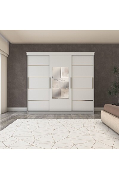 Yılwood Parlak Beyaz Üç Kapaklı Sürgülü Gardırop 240x210 CM