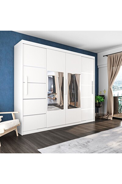 Dört Kapaklı Aynalı Beyaz 400x230 CM Sürgülü Gardırop