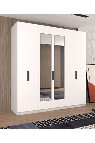 Yılwood Kapaklı Boydan Aynalı Tavana Kadar Gizli Çekmeceli 230-245 CM Parlak Beyaz Gardırop