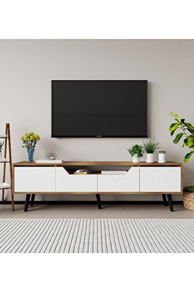VM Vertex Mobilya Roma Ahşap Ayaklı TV Ünitesi Ceviz Beyaz