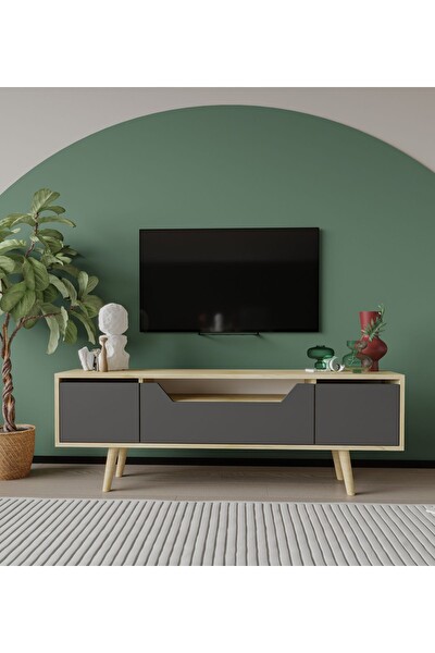 VM Vertex Mobilya Roma Ahşap Ayaklı TV Ünitesi Safir Meşe Antrasit 150 CM