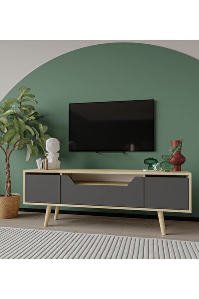 VM Vertex Mobilya Roma Ahşap Ayaklı TV Ünitesi Safir Meşe Antrasit 150 CM