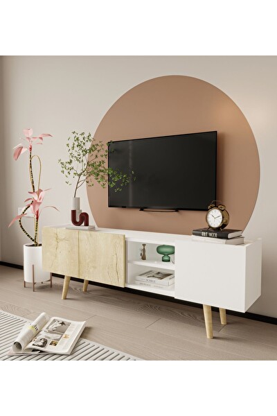 VM Vertex Mobilya Milano Ahşap Ayaklı Modern TV Ünitesi 160 CM Safir Meşe - Beyaz