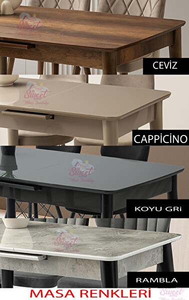 Sweet Home Mini 60x100 Milano MDF Ortadan Açılır Masa - 4 Adet Ece Sandalye ve 1 Adet Sırtsız Mini Bench