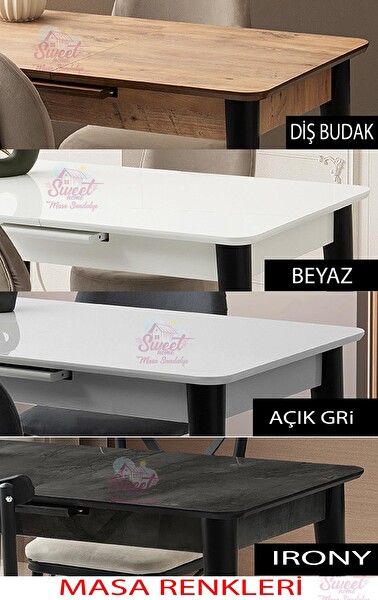 Sweet Home Mini 60x100 Milano MDF Ortadan Açılır Masa - 4 Adet Ece Sandalye ve 1 Adet Sırtsız Mini Bench