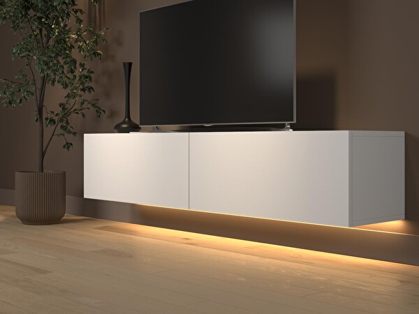 Wood'n Love Rami Duvara Monte Led Işıklı Dolaplı TV Ünitesi Minifiksli Beyaz