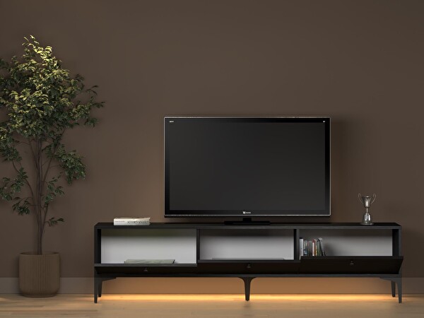 Wood'n Love Venüs Led Işıklı Dolaplı Minifiksli 180 CM Geniş TV Ünitesi Wood Siyah
