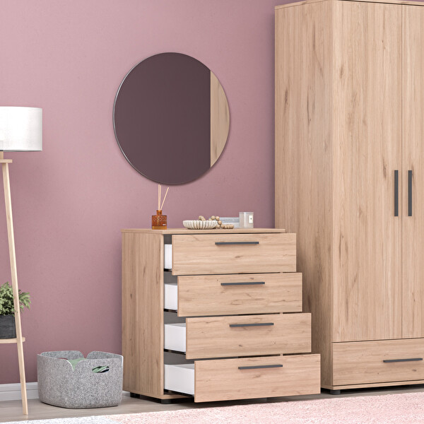 Adore Mobilya White 4 Çekmeceli Şifonyer - Florida Meşe 65x78x41 CM