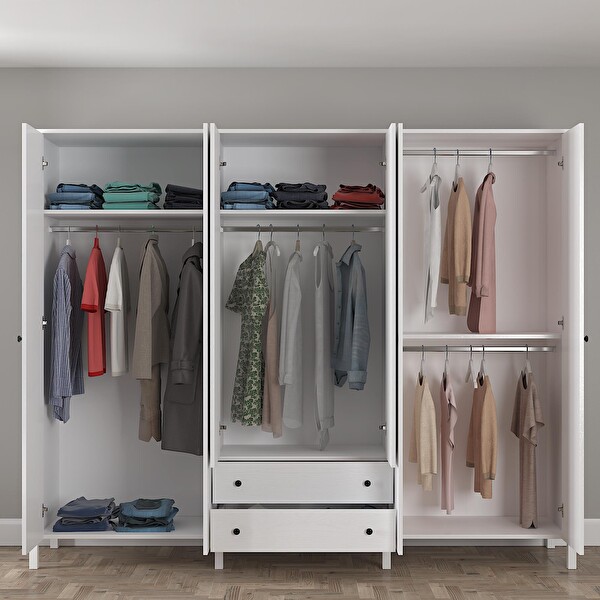 Wood'n Love Venezia 6 Kapak 2 Çekmece Aynalı Ahşap Ayaklı Gardırop 240 Cm Genişlik - Minifiks - Wood Beyaz