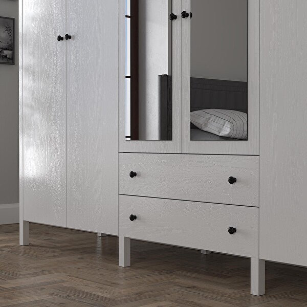 Wood'n Love Venezia 6 Kapak 2 Çekmece Aynalı Ahşap Ayaklı Gardırop 240 Cm Genişlik - Minifiks - Wood Beyaz