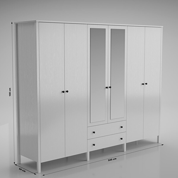 Wood'n Love Venezia 6 Kapak 2 Çekmece Aynalı Ahşap Ayaklı Gardırop 240 Cm Genişlik - Minifiks - Wood Beyaz