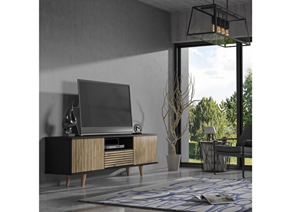 Wood'n Love Nova Zebra Kapak 180 Cm 2 Kapak 2 Çekmeceli Premium Tv Ünitesi - Minifiks - Wood Siyah Atlantik Çam