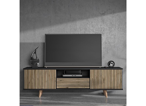 Wood'n Love Nova Zebra Kapak 180 Cm 2 Kapak 2 Çekmeceli Premium Tv Ünitesi - Minifiks - Wood Siyah Atlantik Çam