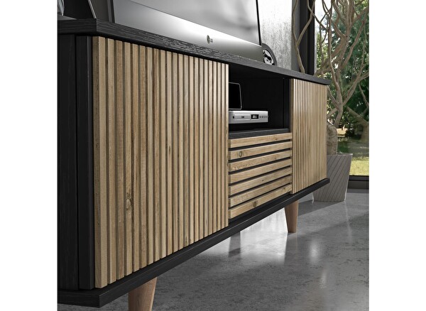 Wood'n Love Nova Zebra Kapak 180 Cm 2 Kapak 2 Çekmeceli Premium Tv Ünitesi - Minifiks - Wood Siyah Atlantik Çam