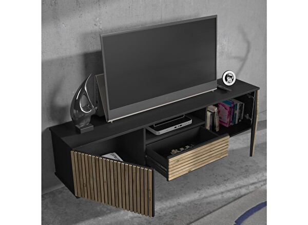 Wood'n Love Nova Zebra Kapak 180 Cm 2 Kapak 2 Çekmeceli Premium Tv Ünitesi - Minifiks - Wood Siyah Atlantik Çam