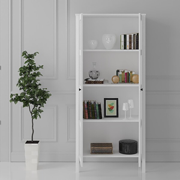 Wood'n Love Venezia Cam Kapaklı Ahşap Ayaklı Çok Amaçlı Dolap Vitrin Erzak Dolabı - Minifiks - Wood Beyaz