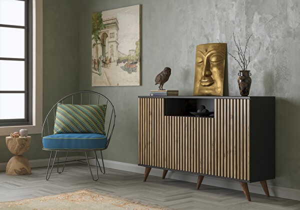 Wood'n Love Nova Zebra Kapak 140 Cm 4 Kapaklı 1 Bölmeli Premium Konsol - Minifiks - Wood Siyah - Atlantik Çam