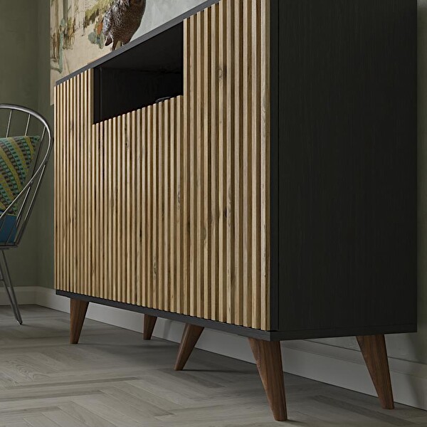 Wood'n Love Nova Zebra Kapak 140 Cm 4 Kapaklı 1 Bölmeli Premium Konsol - Minifiks - Wood Siyah - Atlantik Çam