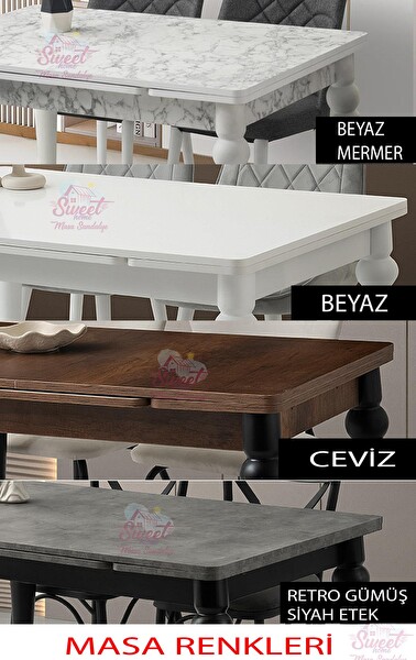 Sweet Home Yanlardan Açılır Yakamoz Beyaz Masa Topkapı Ayak 4 Adet Fulya Sandalye