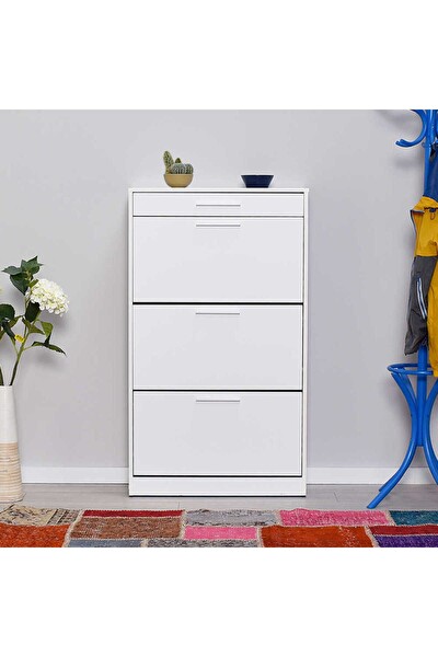 Adore Mobilya Flat Duo 3 Katlı Çekmeceli Ayakkabılık - Mat Lake Beyaz 75x128x29 CM