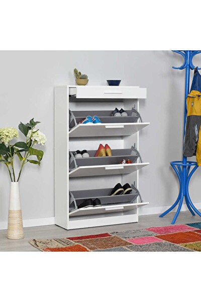 Adore Mobilya Flat Duo 3 Katlı Çekmeceli Ayakkabılık - Mat Lake Beyaz 75x128x29 CM