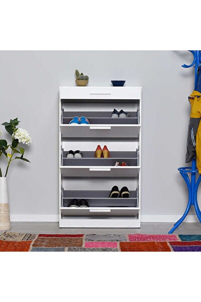 Adore Mobilya Flat Duo 3 Katlı Çekmeceli Ayakkabılık - Mat Lake Beyaz 75x128x29 CM