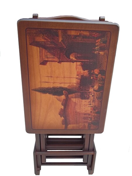 Bengi Ankara Mobilya ST 17991 Resimli Model Kayın Ayak Parlak Ceviz Natüre El Yapımı Çanta Zigon