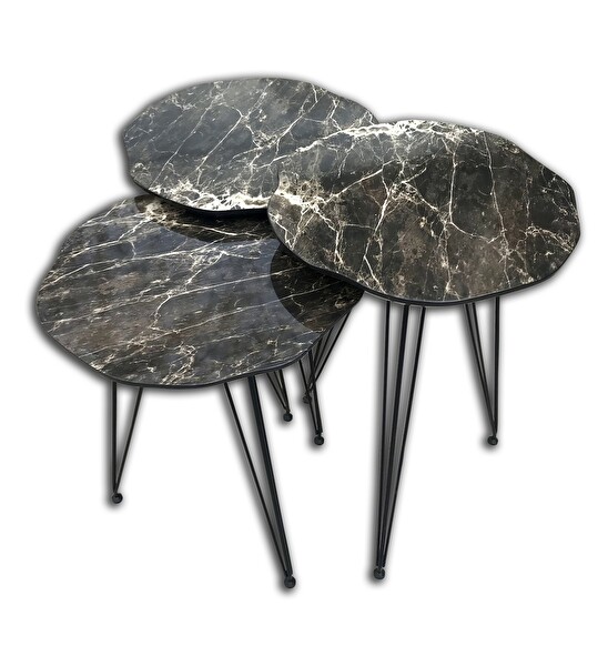 Bengi Ankara Mobilya 17975 Papatya Ahşap Siyah Mermer Desen MDF Tabla Metal V Ayak El Yapımı Zigon