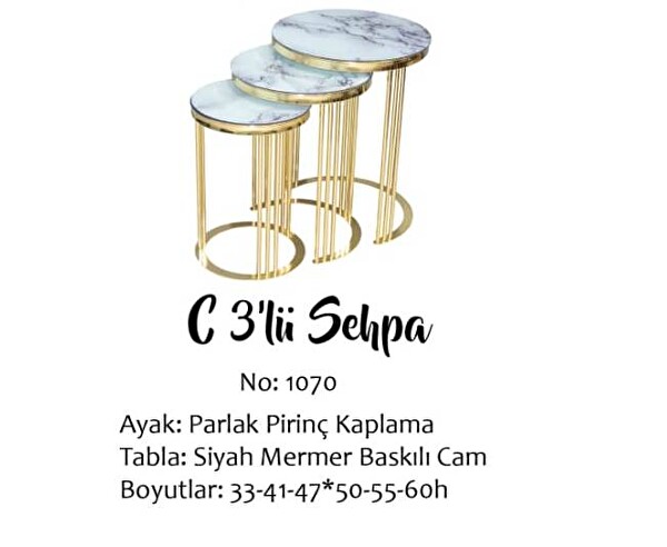 Bengi Ankara Mobilya BRC Eko 13385 C Zigon Sehpa Beyaz Mermer Desenli Gold Pirinç Kaplama Metal Ayak El Yapımı