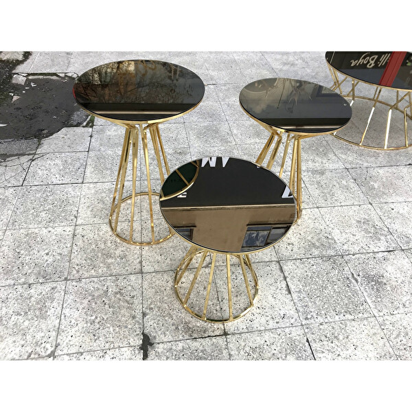 Bengi Ankara Mobilya BRC 18064 Cadde Zigon Sehpa Düz Siyah Temper Cam Metal Gold Kaplama El Yapımı