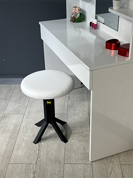 Hey Modüler Beyaz Deri Puf Metal Ayaklı Makyaj Sandalyesi Tabure 39 x 51 CM Tekli