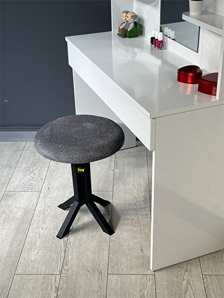 Hey Modüler Mobilya Tabure Gri Puffy Bukle Kumaş Puf Metal Ayaklı Makyaj Sandalyesi 39 x 51 CM Tekli