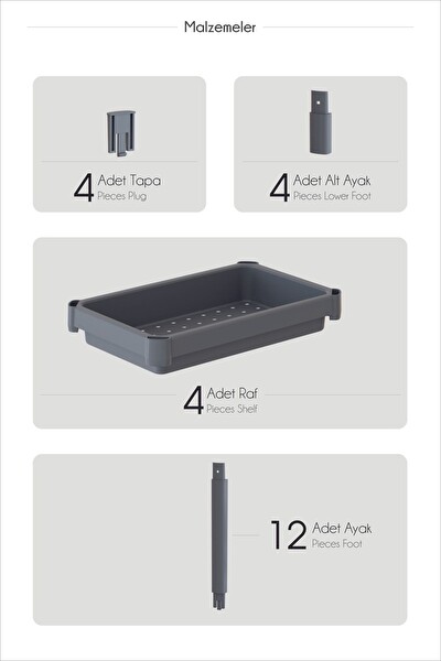 Mithra Life 4 Katlı Hazneli Plastik Siyah Banyo Mutfak Balkon Düzenleyici Rafı MIT1192