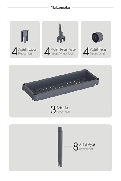 Mithra Life 4 Katlı Tekerlekli Slim İnce Beyaz Banyo Mutfak Rafı MIT1200