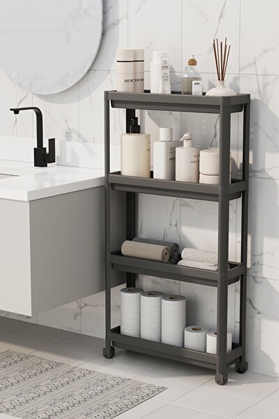 Mithra Life 4 Katlı Tekerlekli Slim İnce Siyah Banyo Mutfak Rafı MIT1201