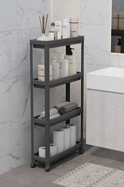 Mithra Life 4 Katlı Tekerlekli Slim İnce Siyah Banyo Mutfak Rafı MIT1201