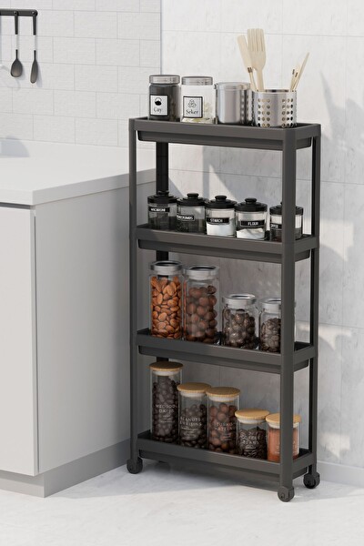 Mithra Life 4 Katlı Tekerlekli Slim İnce Siyah Banyo Mutfak Rafı MIT1201