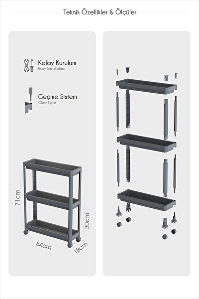 Mithra Life 4 Katlı Tekerlekli Slim İnce Siyah Banyo Mutfak Rafı MIT1201