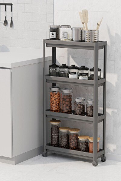 Mithra Life 4 Katlı Tekerlekli Slim İnce Gri Banyo Mutfak Rafı MIT1202