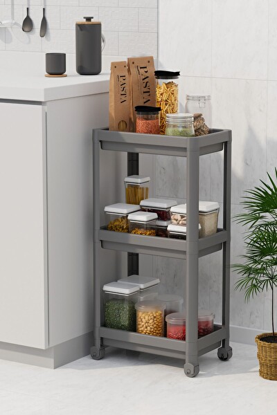 Mithra Life 3 Katlı Hazneli Tekerlekli Gri Mutfak Banyo Rafı PG MIT1216