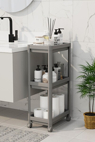 Mithra Life 3 Katlı Hazneli Tekerlekli Gri Mutfak Banyo Rafı PG MIT1216
