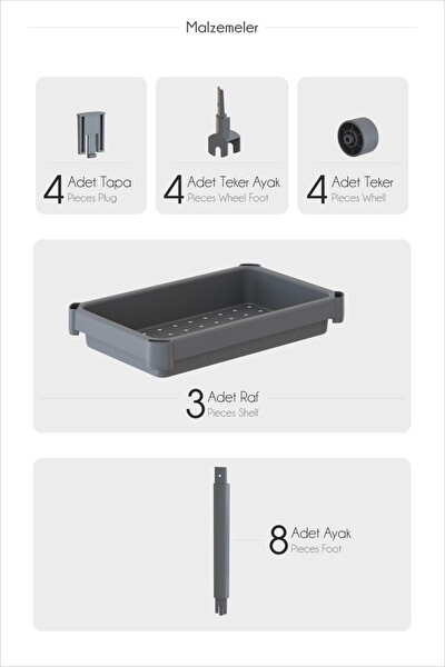 Mithra Life 3 Katlı Hazneli Tekerlekli Gri Mutfak Banyo Rafı PG MIT1216