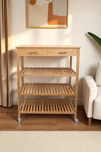 DigitHome Bambu 2 Çekmeceli Tekerlekli Bango Ada Mutfak Servis Arabası DB-0021