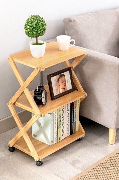 DigitHome DB-0023 Bambu 3 Raflı Tekerlekli Sehpa Düzenleyici Raf Çok Amaçlı Organizer