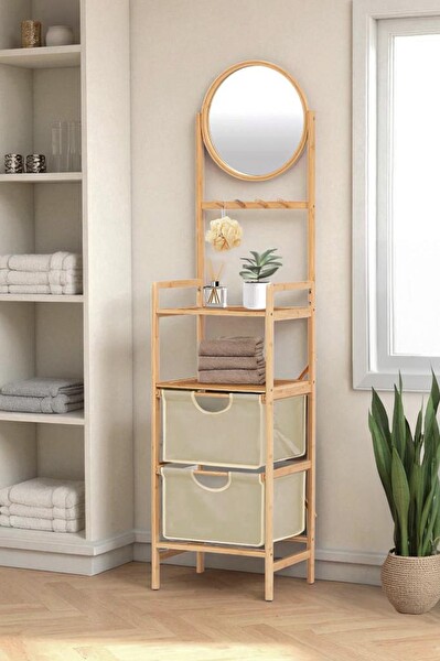 DigitHome DB-0035 Bambu Aynalı 2 Çekmeceli Banyo Düzenleyici 2 Raflı Şifonyer Makyaj Organizeri