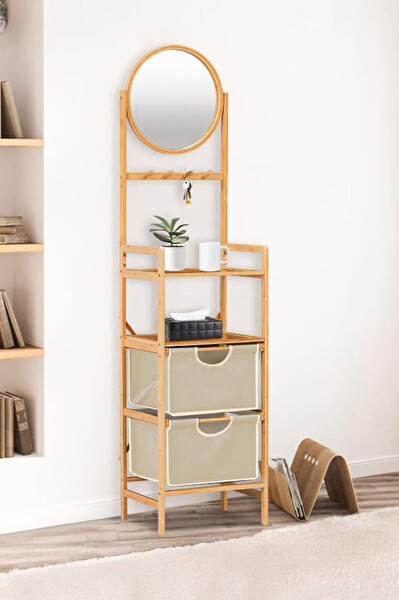 DigitHome DB-0035 Bambu Aynalı 2 Çekmeceli Banyo Düzenleyici 2 Raflı Şifonyer Makyaj Organizeri