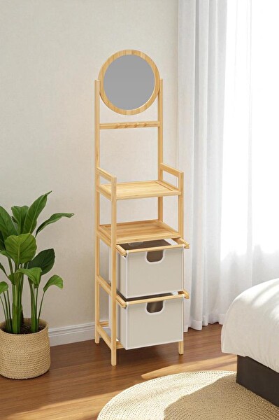 DigitHome DB-0035 Bambu Aynalı 2 Çekmeceli Banyo Düzenleyici 2 Raflı Şifonyer Makyaj Organizeri