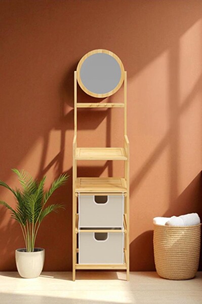 DigitHome DB-0035 Bambu Aynalı 2 Çekmeceli Banyo Düzenleyici 2 Raflı Şifonyer Makyaj Organizeri